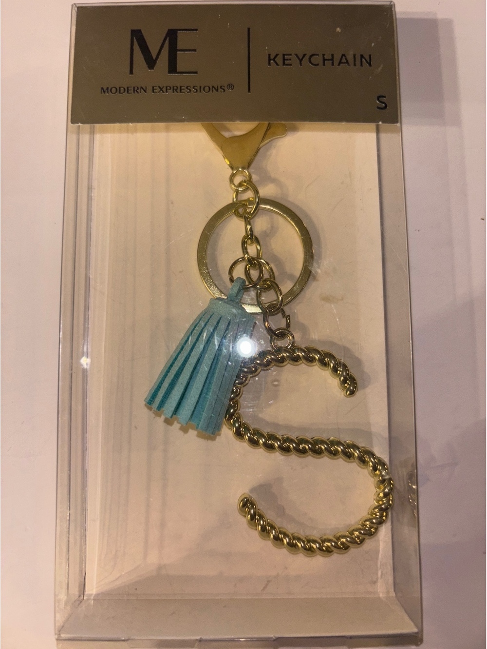 Modern Expressions S Initial Keychain Gold Teal Tassel Purse Charm NWT
